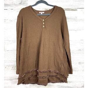 Remixmess Women’s Large Brown Boho Fringe Long Sleeve Tunic Top